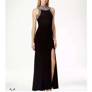 Betsy & Adam Knit Beaded Sequin High Neck Evening Dress Black & Silver Womens